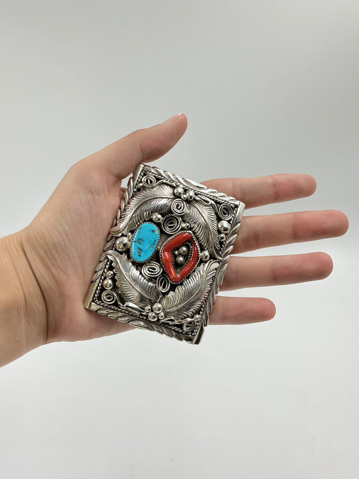 Navajo Traditional Leaf Design With Coral and Sleeping Beauty Turquoise Buckle