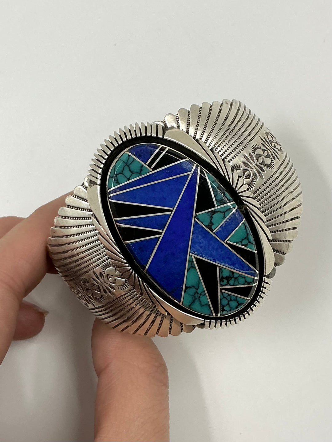 Navajo Pawn Lapis, Onyx, Silver Inlay Cuff Bracelet