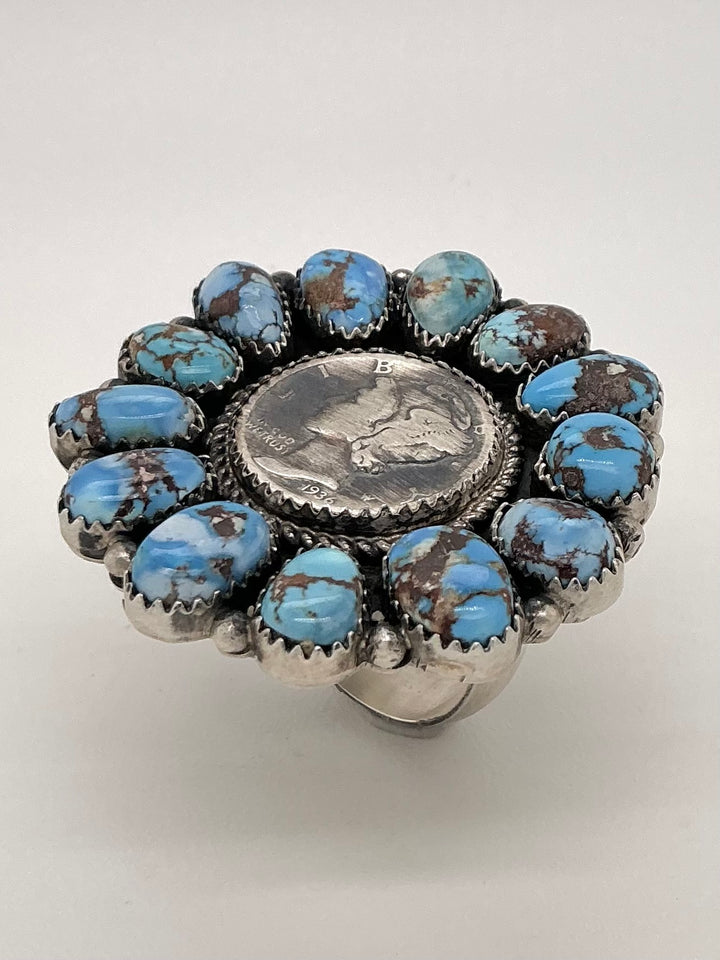 Golden Hills Turquoise Mercury Dime Flower Ring Adjustable