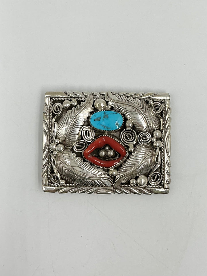 Navajo Traditional Leaf Design With Coral and Sleeping Beauty Turquoise Buckle