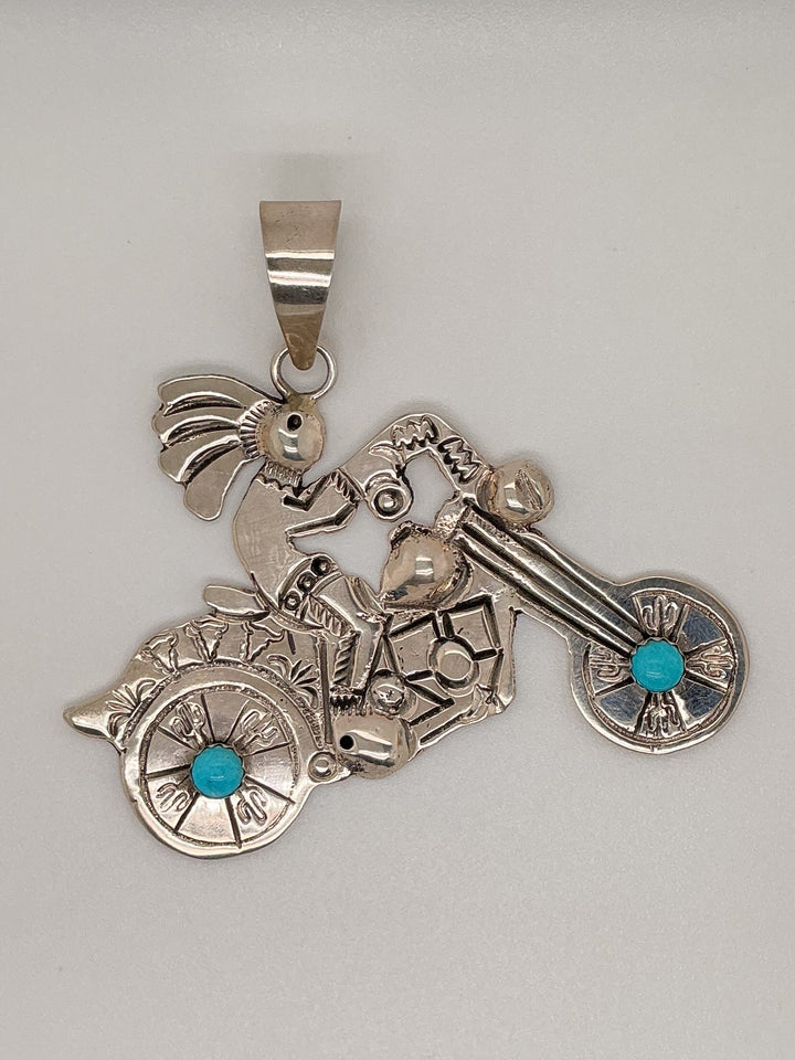 Navajo Kokopelli on Motorcycle with Kingman Turquoise Wheels Pendant