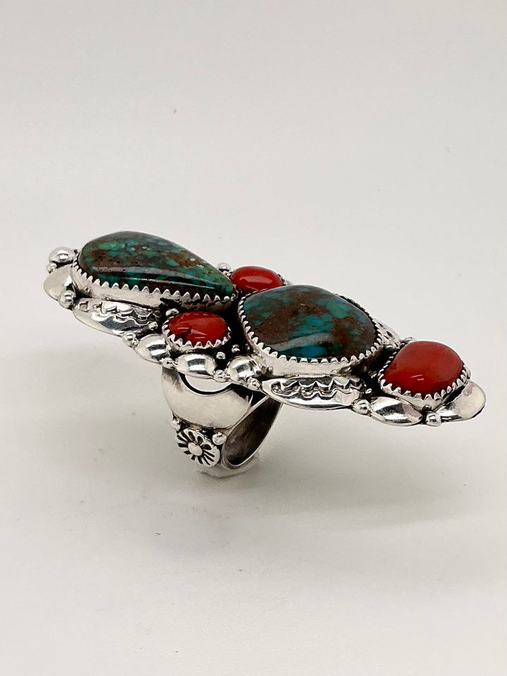 Navajo Royston Turquoise and Coral Ring
