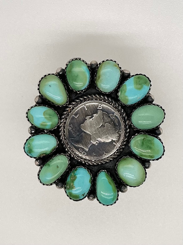 Navajo Sonoran Gold Turquoise Mercury Dime Center Flower Ring