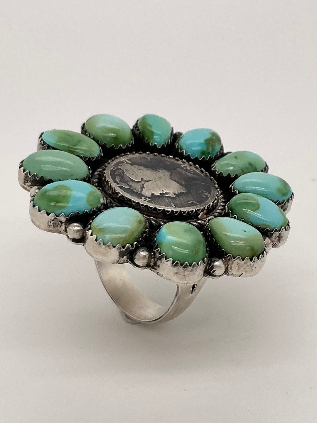 Navajo Sonoran Gold Turquoise Mercury Dime Center Flower Ring