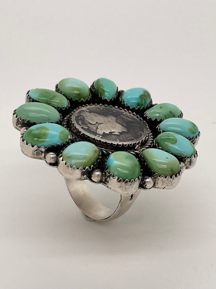 Navajo Sonoran Gold Turquoise Mercury Dime Center Flower Ring