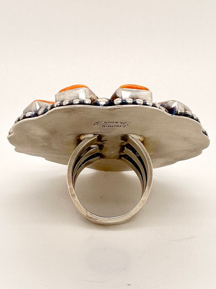 Navajo Orange Spiny Oyster Geometric Flower Ring