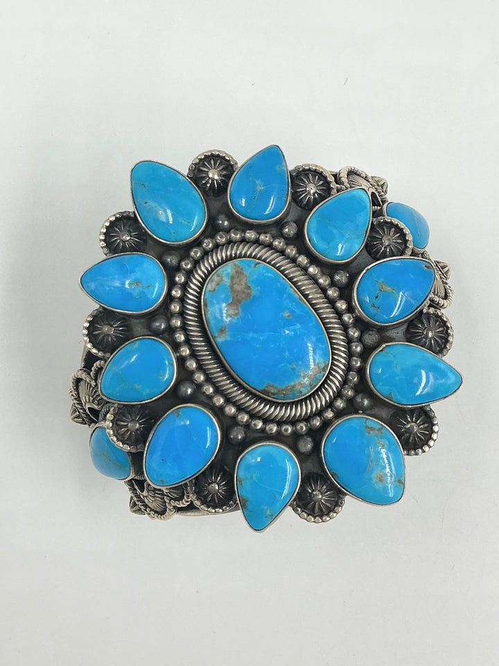 Navajo Flower Design Kingman Turquoise Cuff Bracelet