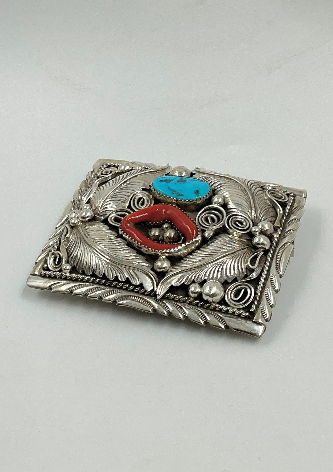 Navajo Traditional Leaf Design With Coral and Sleeping Beauty Turquoise Buckle