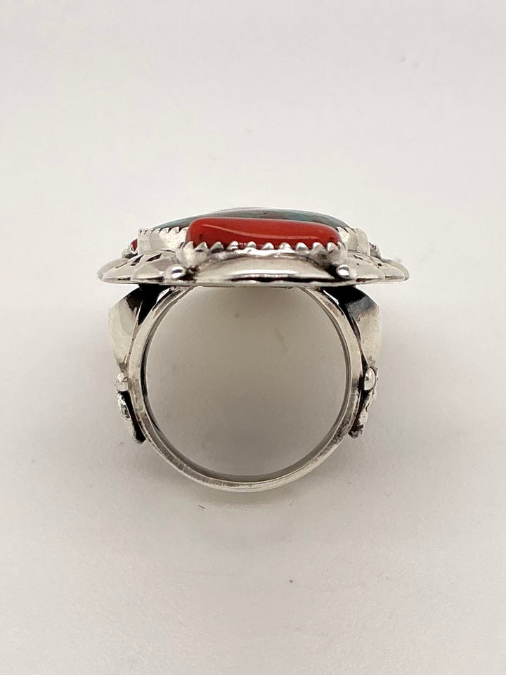 Navajo Royston Turquoise and Coral Ring