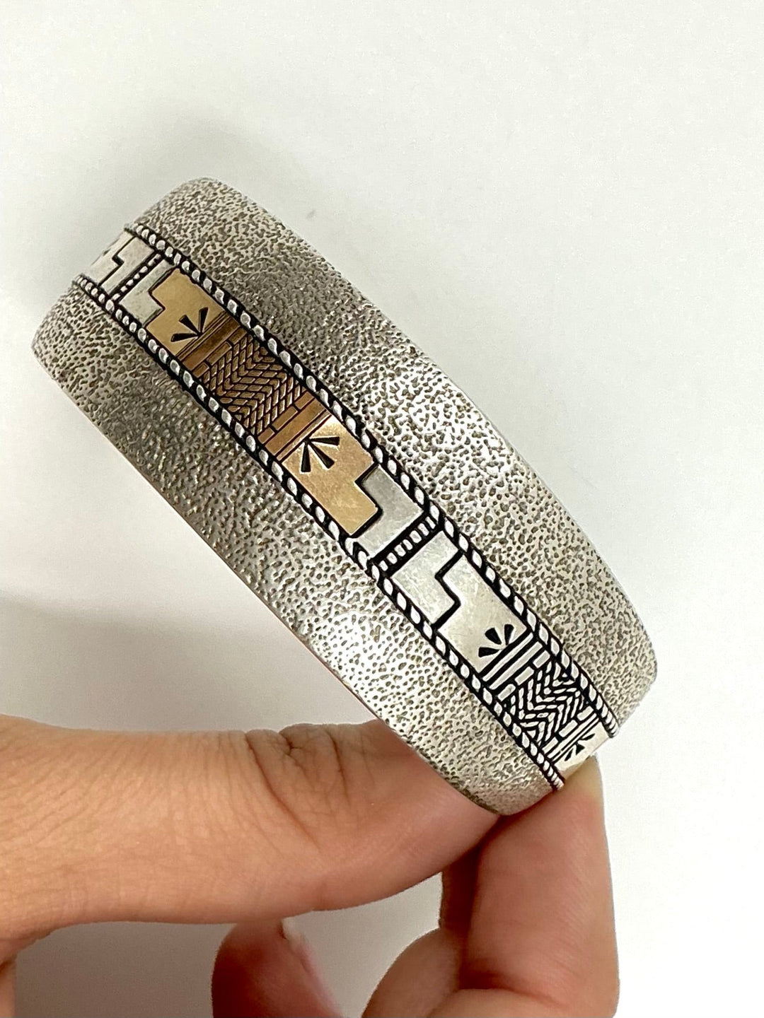 Navajo Pawn Sterling Silver, 14K Gold Inlaid Cuff Bracelet