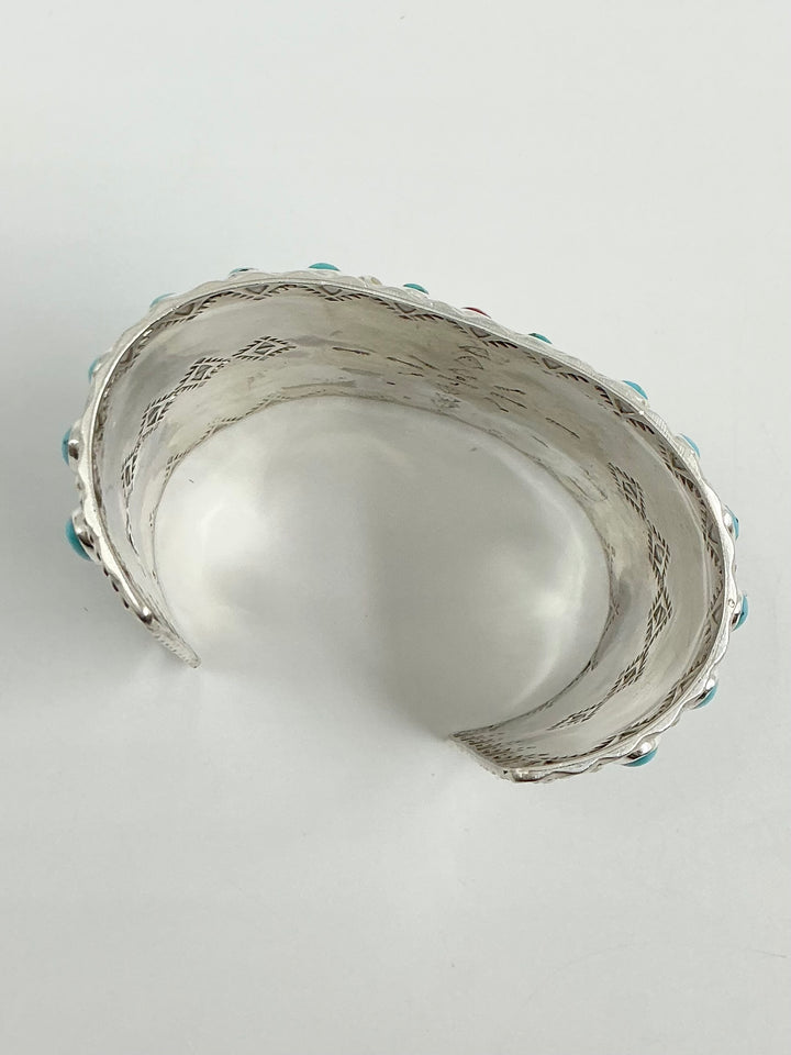 Vintage/ Pawn Spiny Oyster Flower, Charolite, Kingman Turquoise Cuff Bracelet