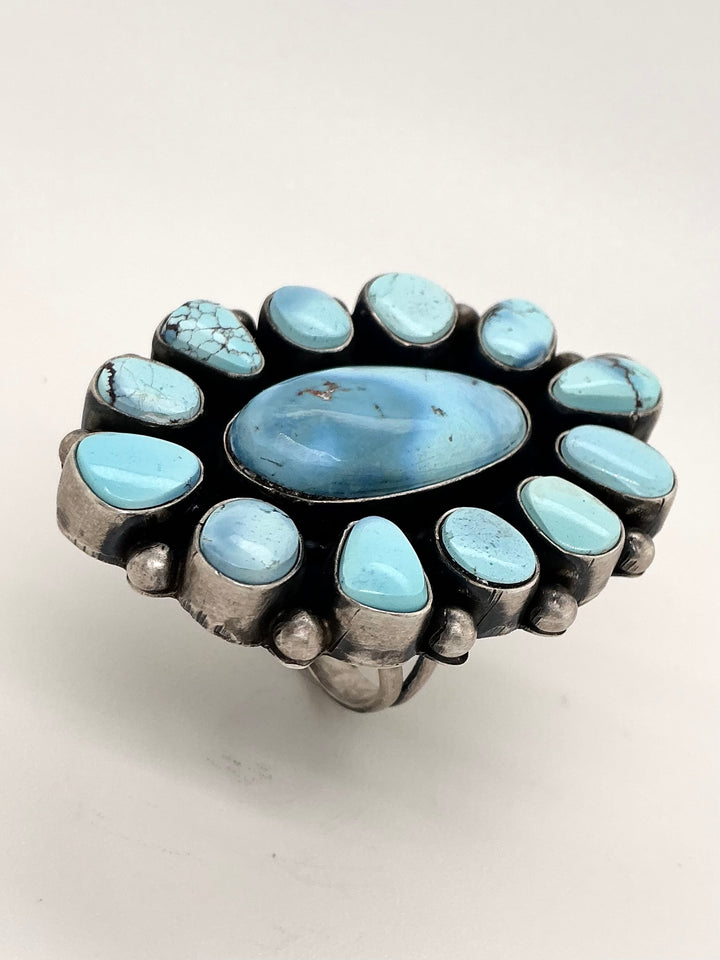 Navajo Golden Hills Turquoise Flower Ring Oval Center-stone