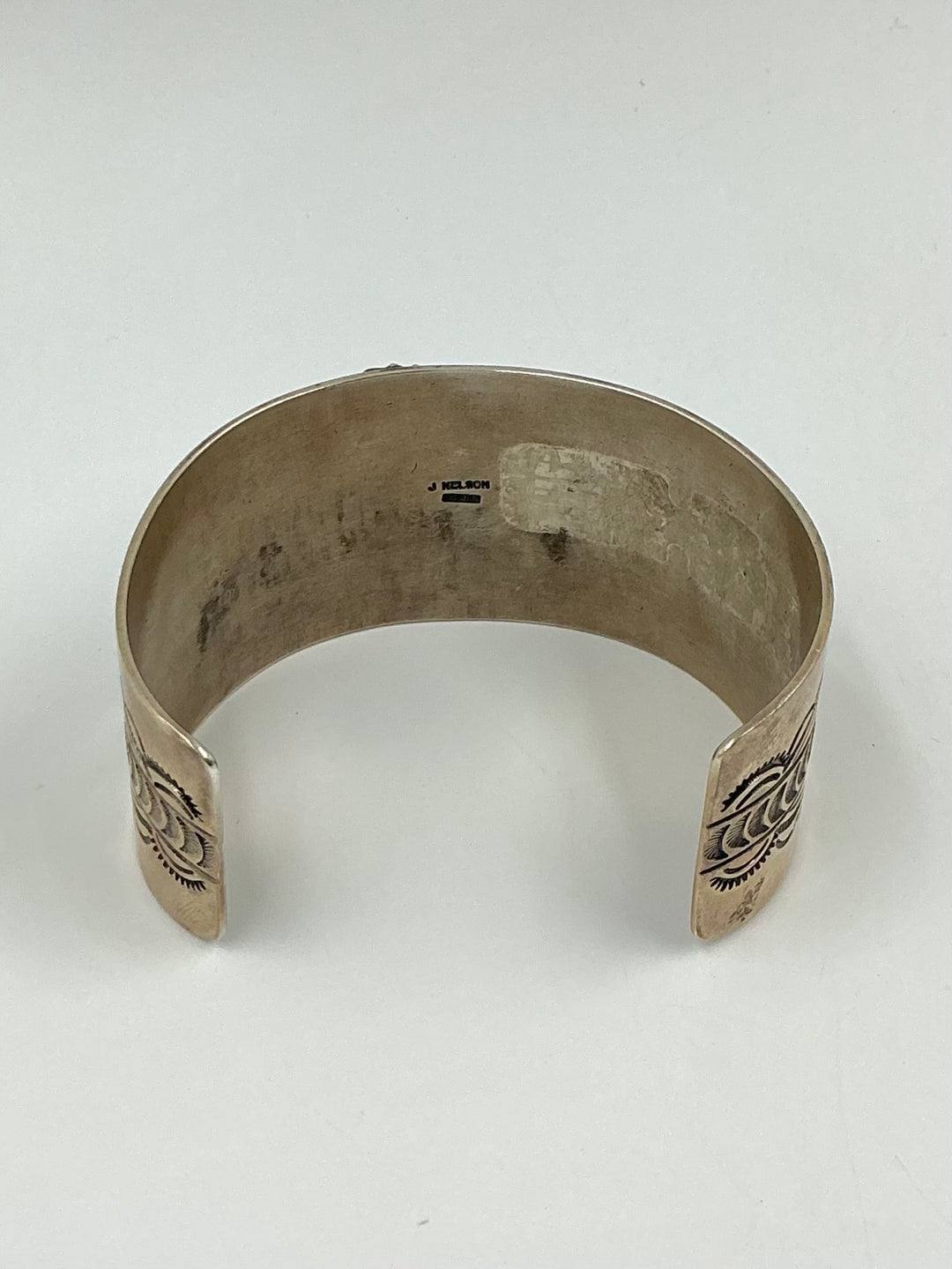 Pawn Navajo Sleeping Beauty Turquoise Inlaid Leaf Design Cuff Bracelet