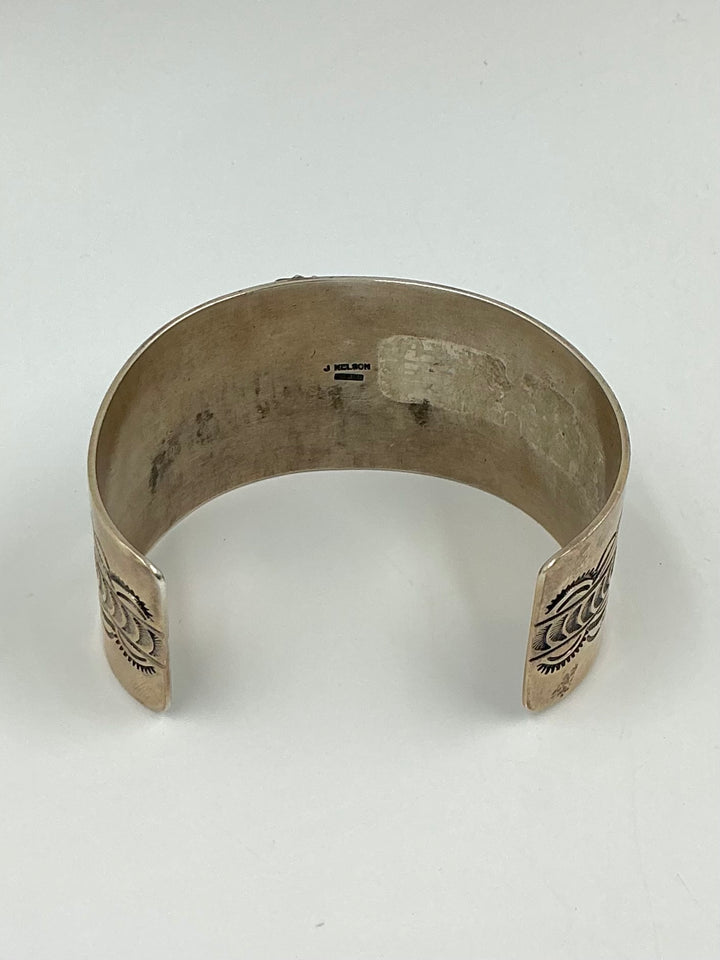 Pawn Navajo Sleeping Beauty Turquoise Inlaid Leaf Design Cuff Bracelet