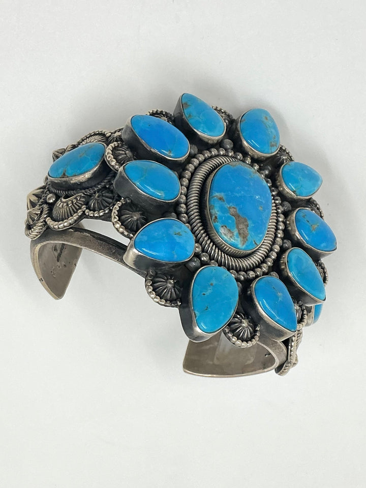 Navajo Flower Design Kingman Turquoise Cuff Bracelet