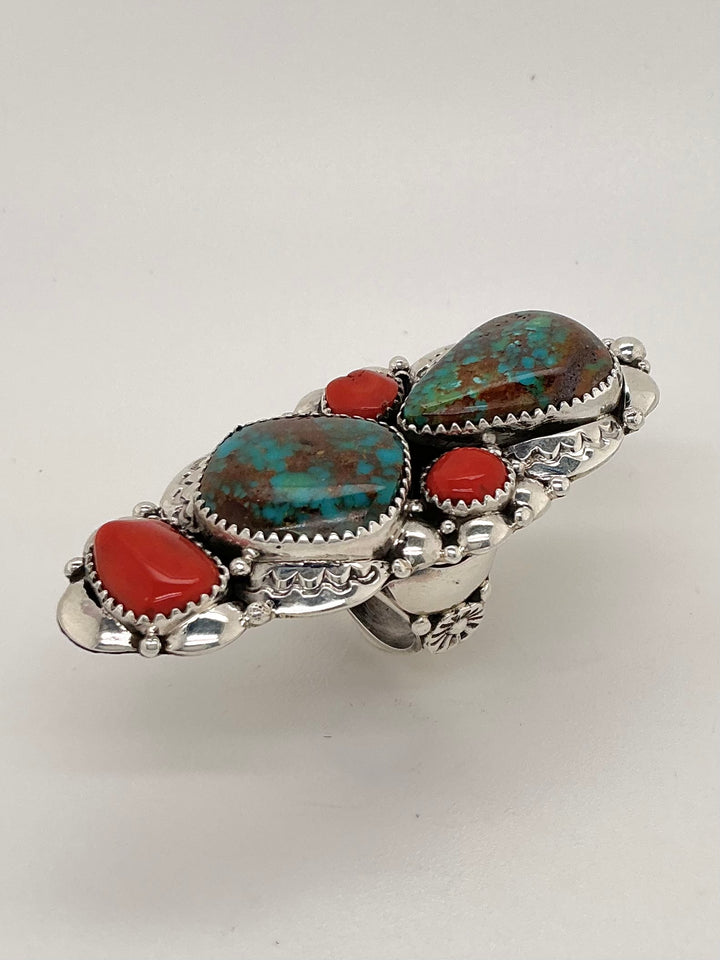 Navajo Royston Turquoise and Coral Ring