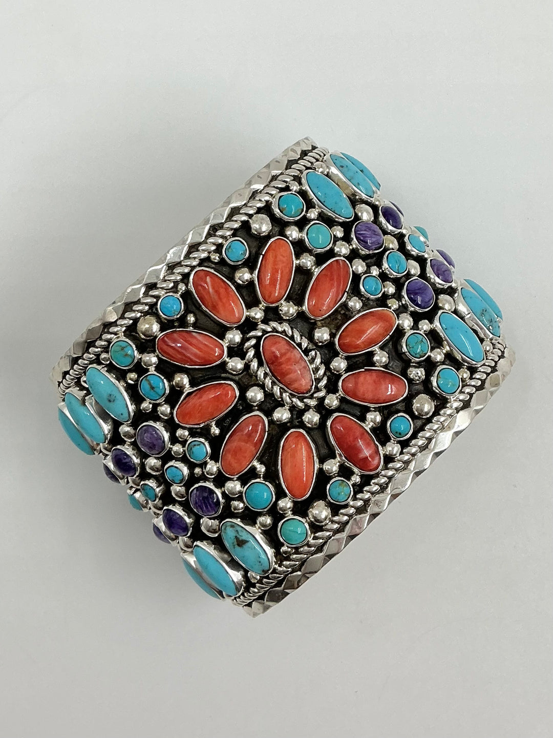 Vintage/ Pawn Spiny Oyster Flower, Charolite, Kingman Turquoise Cuff Bracelet