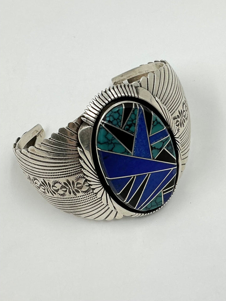 Navajo Pawn Lapis, Onyx, Silver Inlay Cuff Bracelet