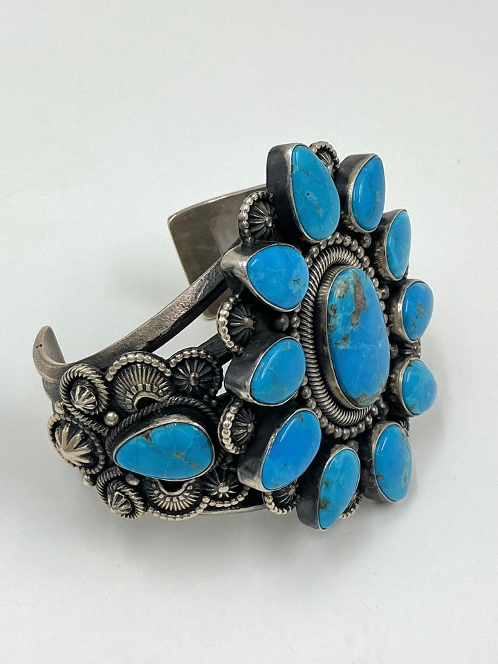 Navajo Flower Design Kingman Turquoise Cuff Bracelet