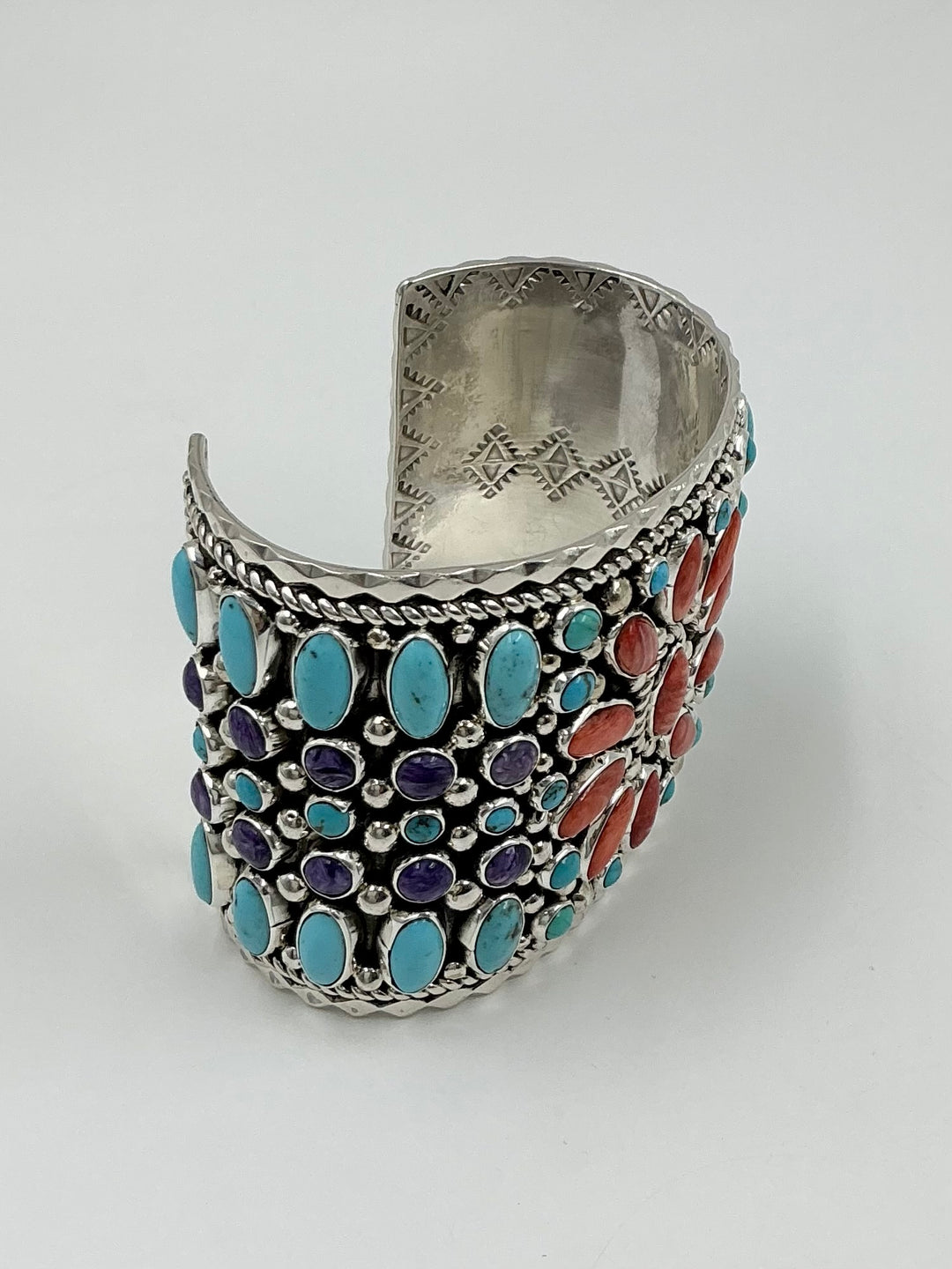 Vintage/ Pawn Spiny Oyster Flower, Charolite, Kingman Turquoise Cuff Bracelet