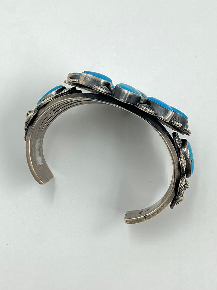 Navajo Flower Design Kingman Turquoise Cuff Bracelet