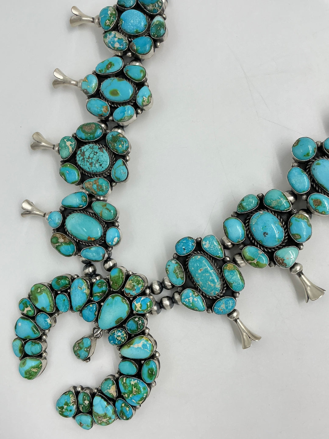 Large Traditional Navajo Sonoran Gold Turquoise Squash Blossom Necklace
