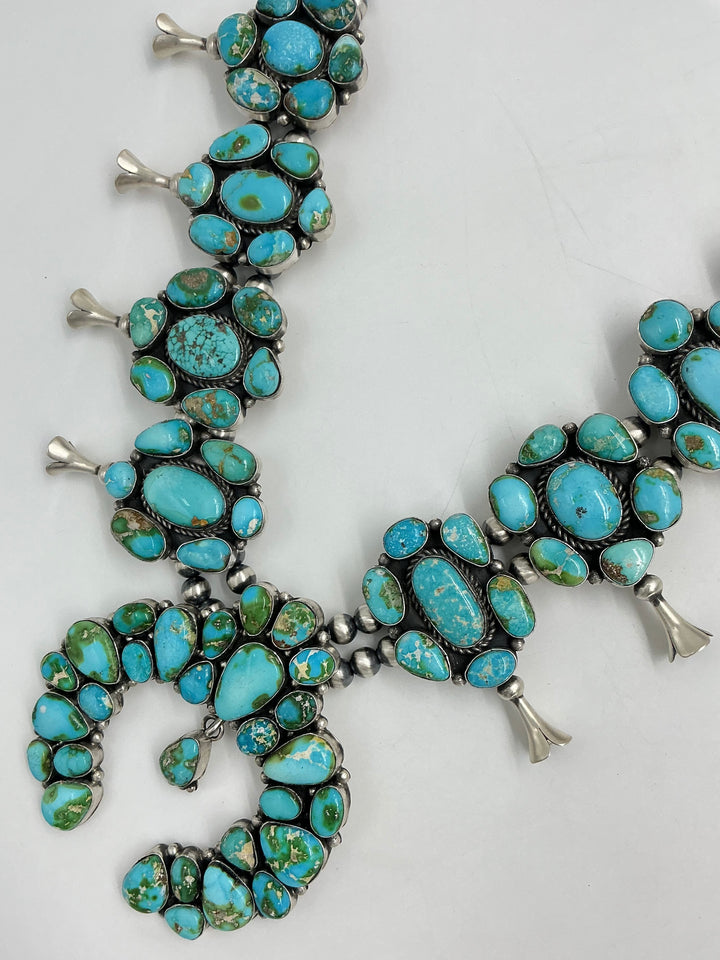 Large Traditional Navajo Sonoran Gold Turquoise Squash Blossom Necklace