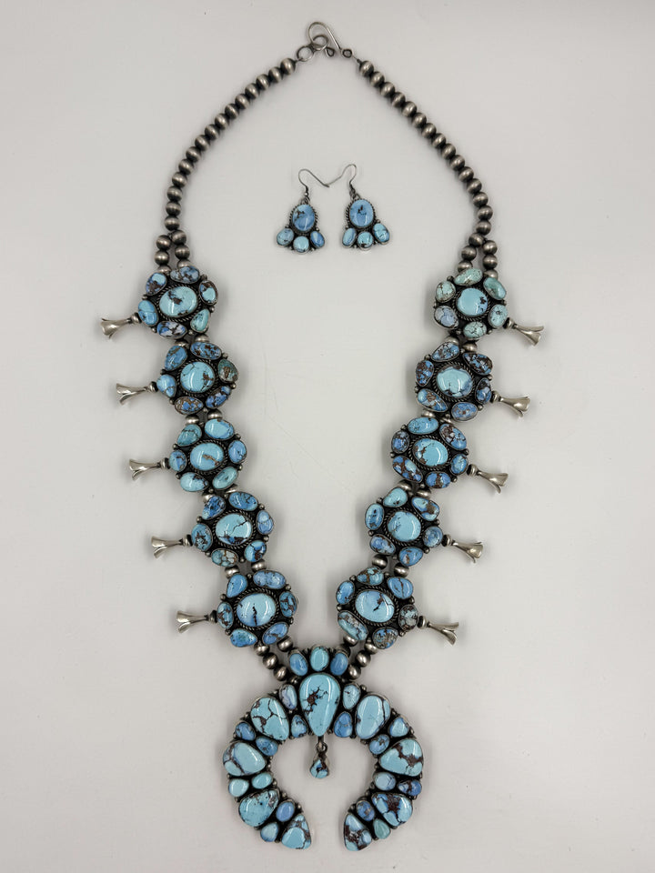 Sky blue and lavender colored turquoise  squash blossom necklace 