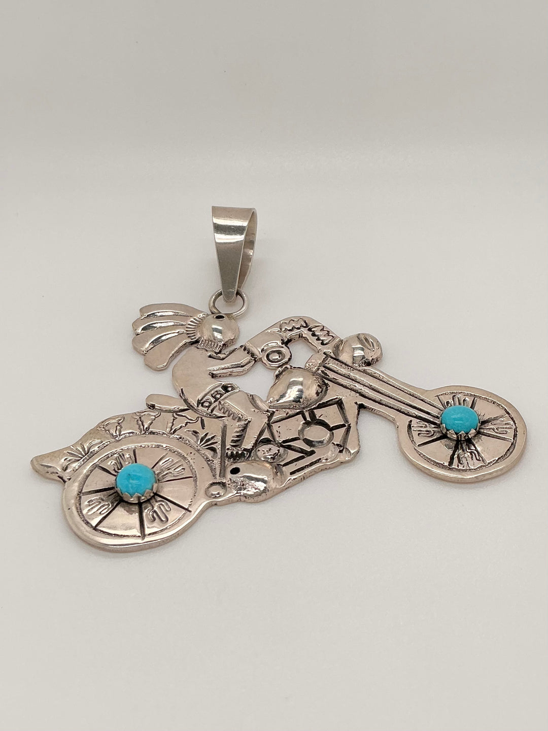 Navajo Kokopelli on Motorcycle with Kingman Turquoise Wheels Pendant