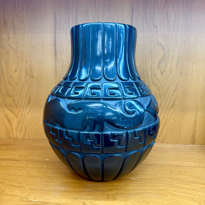 Santa Clara Pueblo Black on Black Tall Avanyu Vase by Linda Tafoya Sanchez