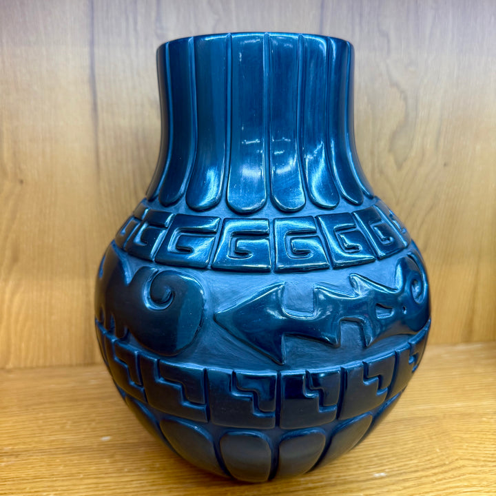 Santa Clara Pueblo Black on Black Tall Avanyu Vase by Linda Tafoya Sanchez