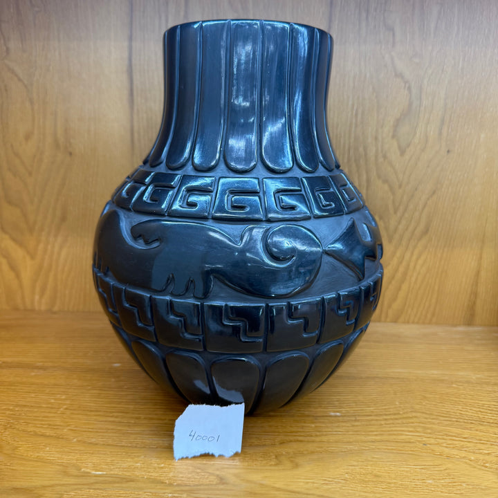Santa Clara Pueblo Black on Black Tall Avanyu Vase by Linda Tafoya Sanchez