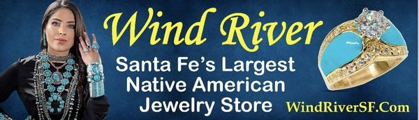 Wind River Trading Company Santa Fe's Largest indian jewelry store banner with a picture of a sleeping beauty turquoise and diamond gold ring