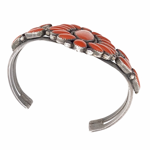Image of sold Gorgeous Authentic Zuni Red Coral Cluster & Sterling Silver Br.acelet - Alice Quam- Native American