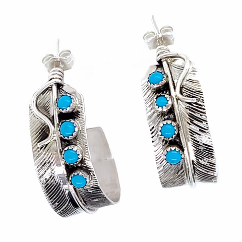 Image of sold Medium Navajo Turquoise Row Feather Hoop Earrings - Native American