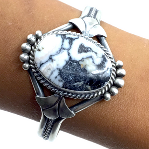 Sold Navajo White Buffalo Stone Twist-Wire Sterling Silver Br.acelet - Mary Ann Spencer - Native American