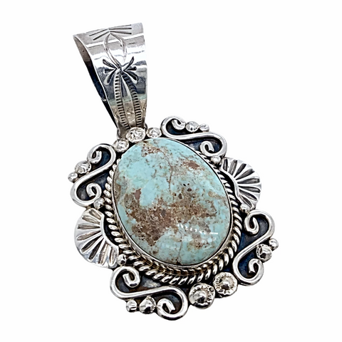 Image of Sold Navajo Dry Creek Turquoise Stamped Sterling Silver P.endant  - Mary Ann Spencer - Native American