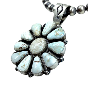 sold Large Navajo Dry Creek Turquoise Cluster Stamped Silver Drop Border Sterling Silver Navajo N,ecklace - Bea Tom - Native American