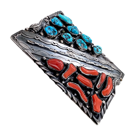Image of Navajo Kingman Turquoise & Coral Cluster Stamped Sterling Silver Belt Buckle - Ration - Native American