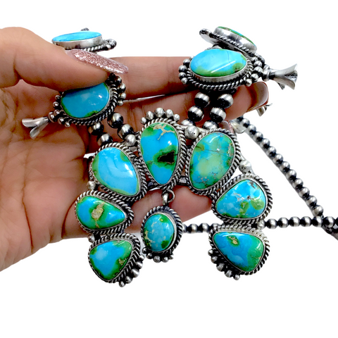 Image of Sold Navajo Sonoran Gold Turquoise Dangle S.quash Blossom N,ecklace Set - Mary Ann Spencer - Native American