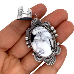 sold Navajo White Buffalo Oval Stone Old-Style Stamped Sterling Silver Border P.endant - Mary Ann Spencer - Native American