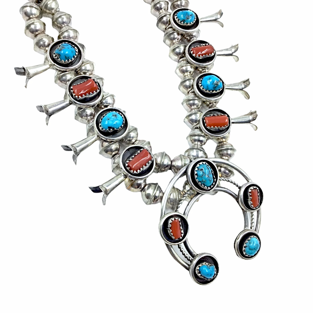 Authentic Navajo Coral & Turquoise Children's Squash Blossom Necklace by Phil & Lenore Garcia -Small Size