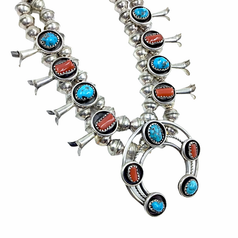 Image of Authentic Navajo Coral & Turquoise Children's Squash Blossom Necklace by Phil & Lenore Garcia -Small Size