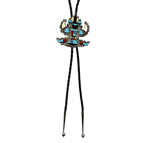 Image of Zuni Dancer Sleeping Beauty Turquoise, Coral, Mother of Pearl, Onyx Inlay Bolo Tie - Native American