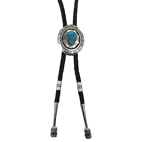 Image of sold Navajo Rough Kingman Turquoise Engraved Sterling Silver B.olo Tie - Tommy & Rosita Singer - Native American