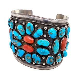 Sold Large Kingman Turquoise & Coral Cluster  B.racelet - Native American