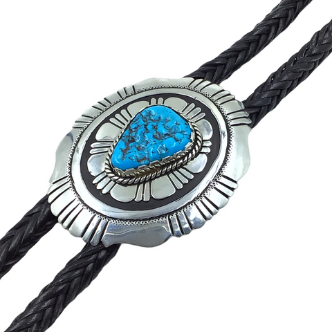 Image of sold Navajo Rough Kingman Turquoise Engraved Sterling Silver B.olo Tie - Tommy & Rosita Singer - Native American