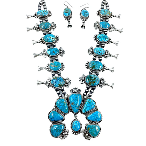 Image of sold Navajo Kingman Turquoise S.quash Blossom Dangle Set - Mary Ann Spencer - Native American