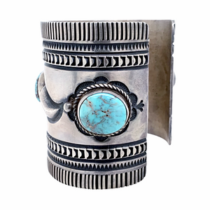 sold Navajo Large Dry Creek Turquoise Triple Stone Sterling Silver Br.acelet - Native American