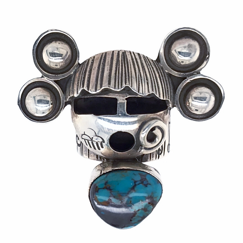 Image of Sold Navajo Kachina Face Turquoise Engraved Detail Sterling Silver Ring - Alex Sanchez - Native American